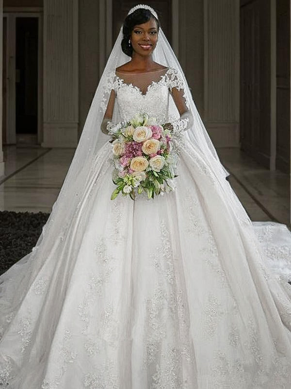 Ball-Gown Bateau Long Sleeves Applique Cathedral Train Satin Wedding Dress