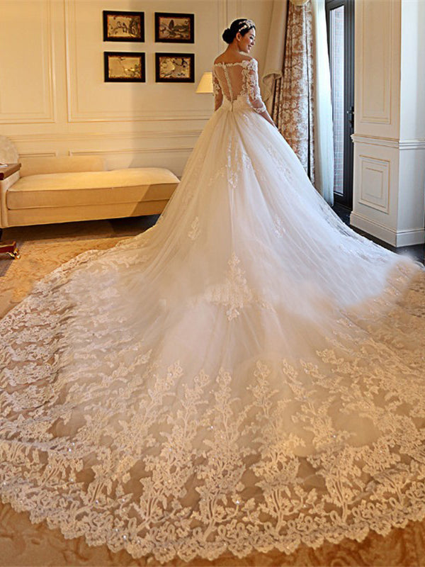 Ball-Gown Off-the-Shoulder 3/4 Sleeves Beading Cathedral Train Tulle Wedding Dress