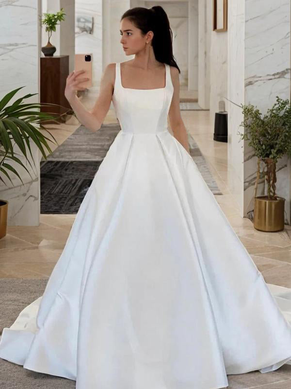 A-line Square Ruched Sweep Train Satin Wedding Dress