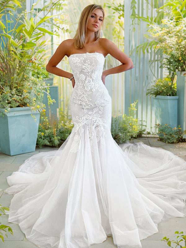 Mermaid Straight Applique Cathedral Train Tulle Wedding Dress