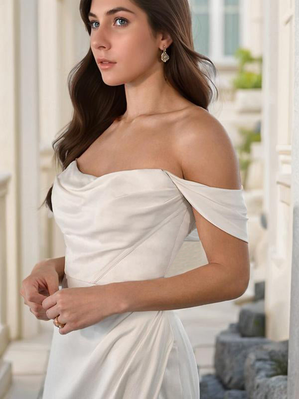 Sheath Off-the-Shoulder Ruched Court Train Charmeuse Wedding Dress