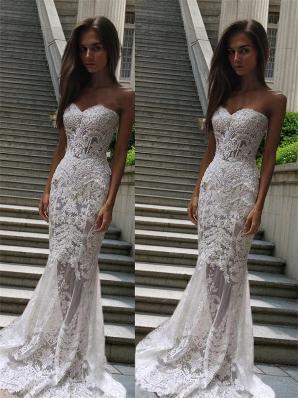 Mermaid Sweetheart Applique Court Train Lace Wedding Dress