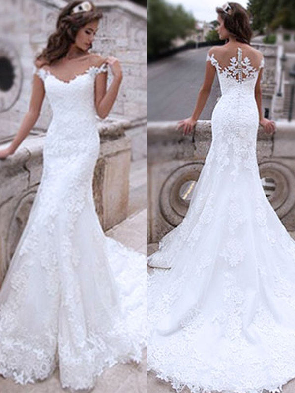 Mermaid Off-the-Shoulder Applique Sweep Train Tulle Wedding Dress
