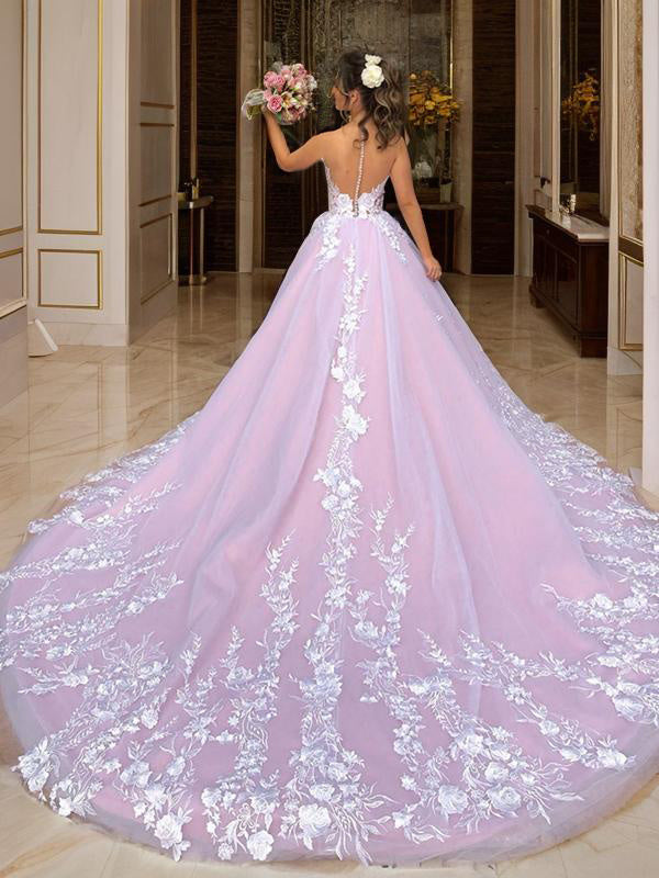 Ball-Gown V-neck Applique Chapel Train Lace Wedding Dress