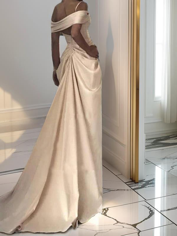 Sheath Off-the-Shoulder Short Sleeves Ruffles Sweep Train Silk Like Satin Wedding Dress