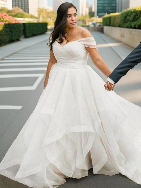 A-line Off-the-Shoulder Ruffles Sweep Train Organza Wedding Dress
