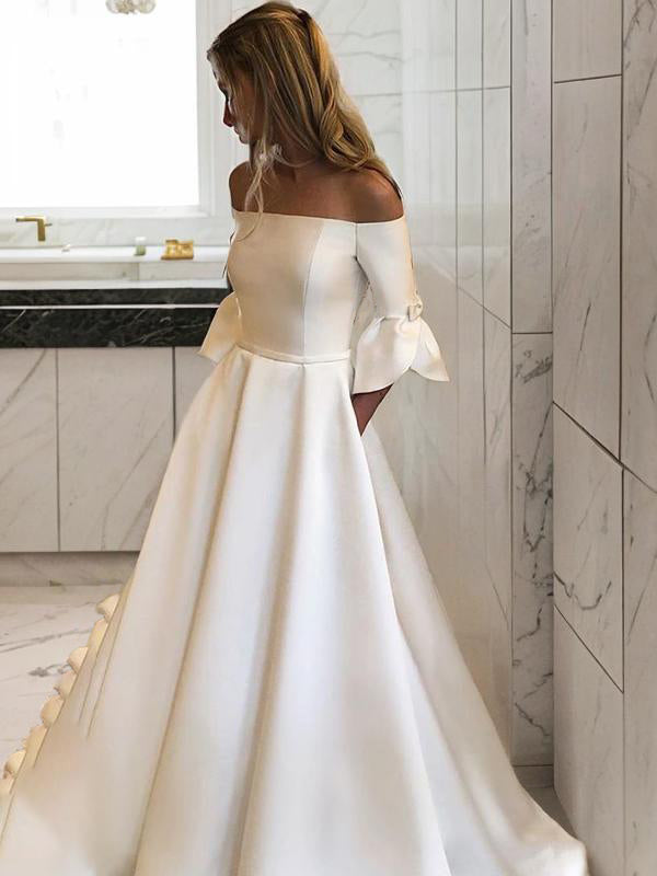 A-line Off-the-Shoulder 3/4 Sleeves Ruffles Court Train Charmeuse Wedding Dress