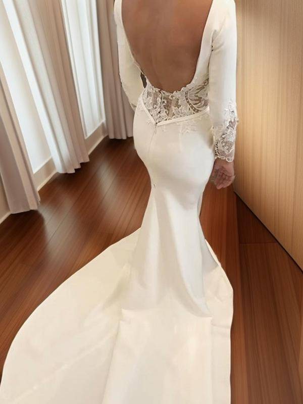 Mermaid Scoop Long Sleeves Lace Chapel Train Stretch Crepe Wedding Dress