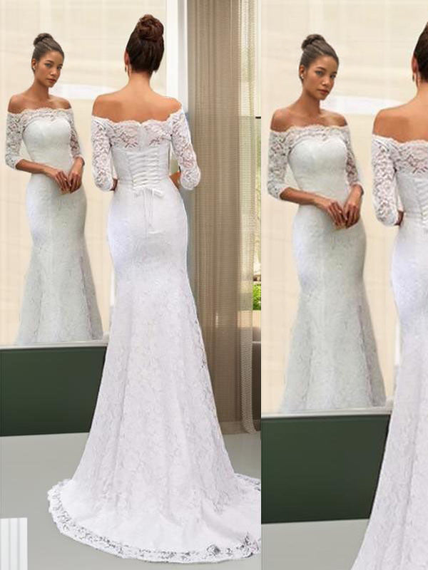 Mermaid Off-the-Shoulder Long Sleeves Lace Sweep Train Lace Wedding Dress