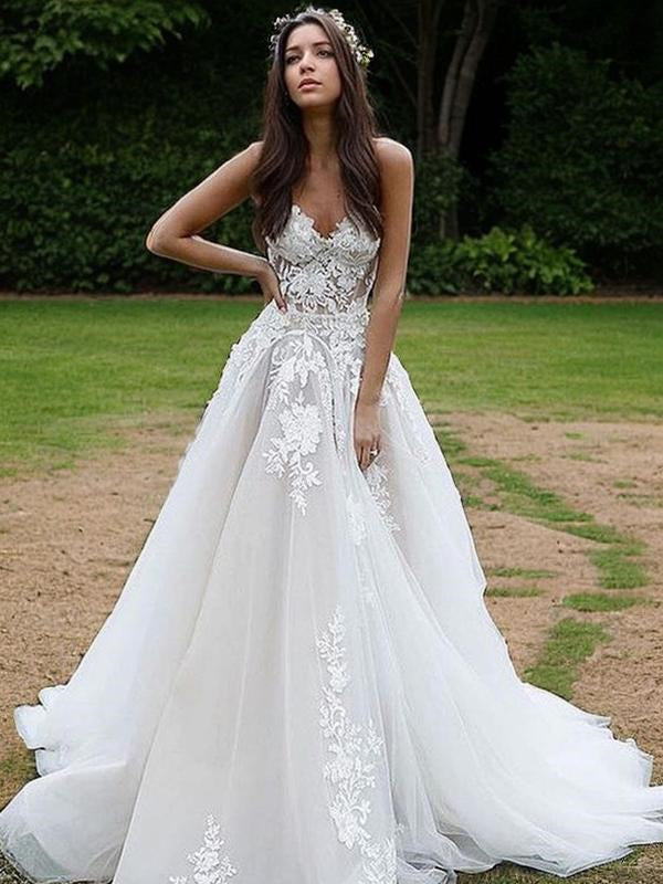 A-line V-neck Applique Sweep Train Tulle Wedding Dress