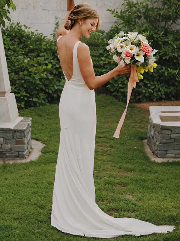 Sheath Jewel Ruched Court Train Stretch Crepe Wedding Dress