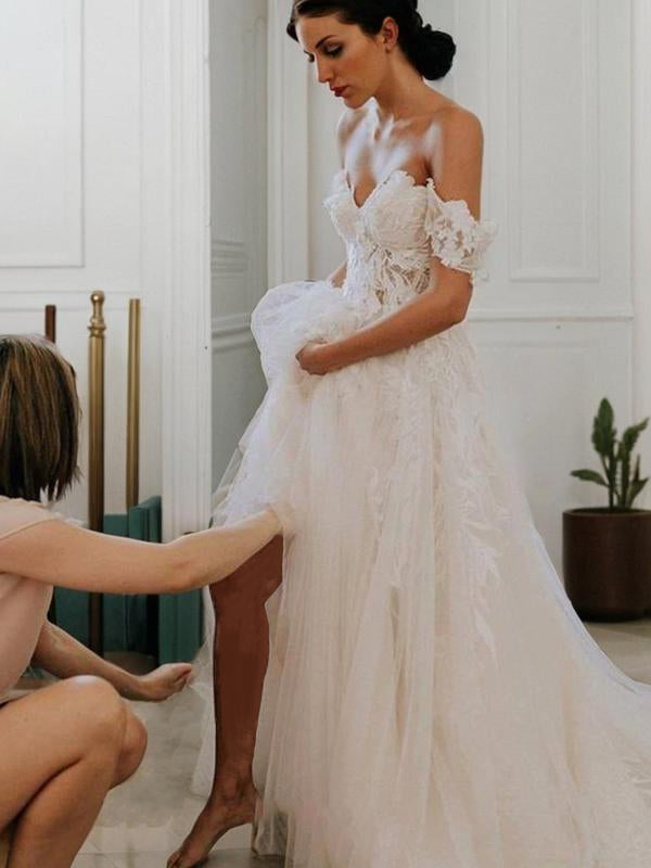 A-line Off-the-Shoulder Applique Sweep Train Tulle Wedding Dress