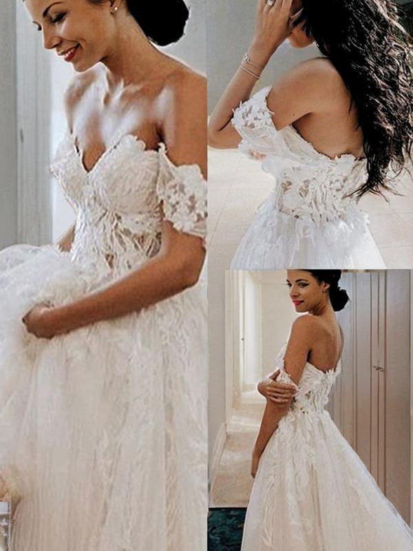 A-line Off-the-Shoulder Applique Sweep Train Tulle Wedding Dress