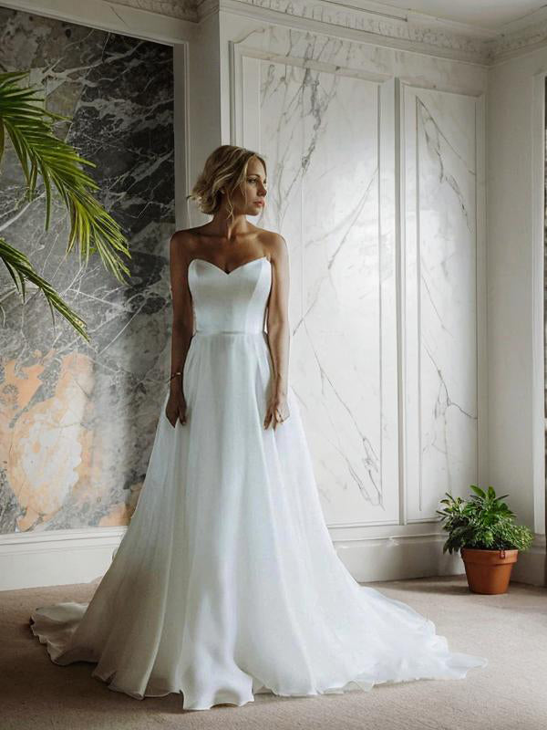 A-line Sweetheart Ruffles Sweep Train Organza Wedding Dress