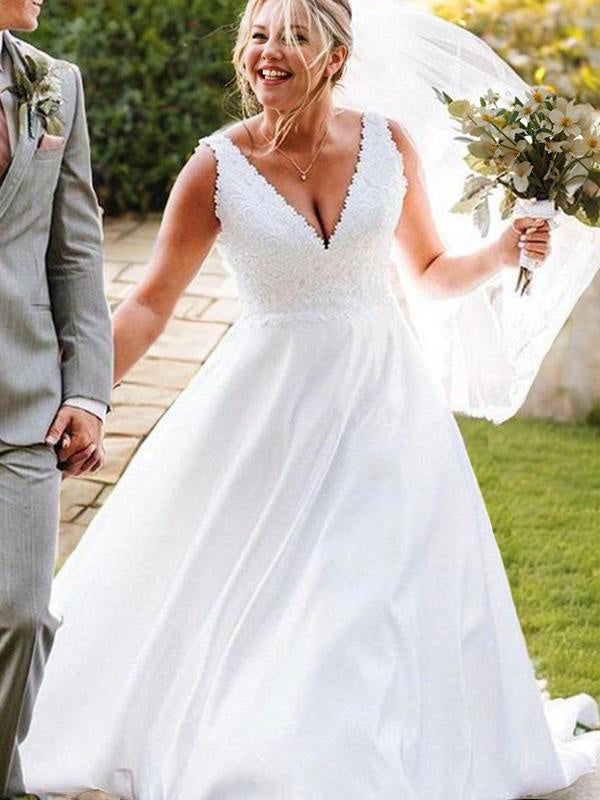 A-line V-neck Applique Sweep Train Satin Wedding Dress