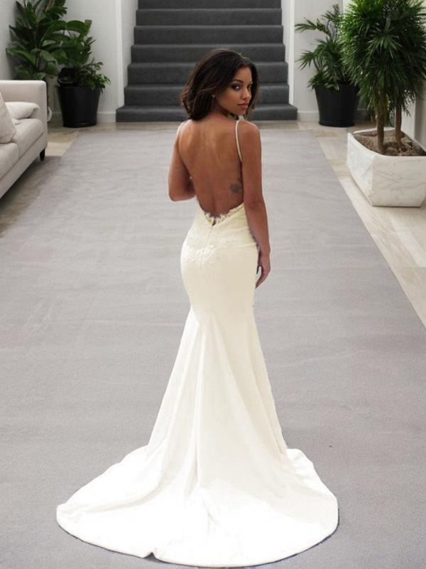 Mermaid Spaghetti Straps Lace Sweep Train Stretch Crepe Wedding Dress