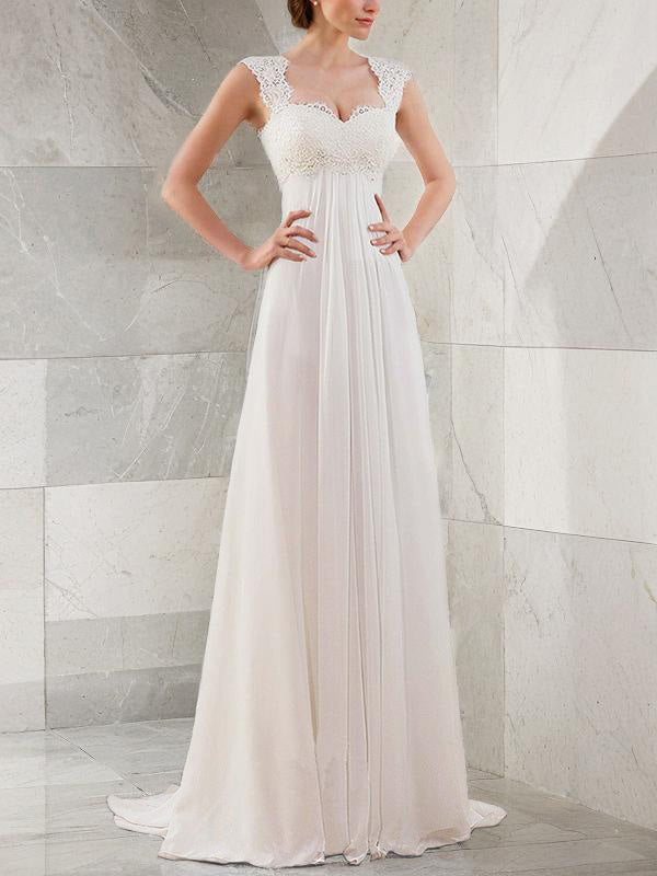 Empire Bateau Lace Sweep Train Chiffon Wedding Dress