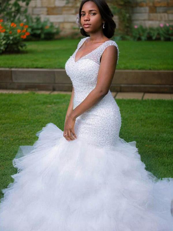 Mermaid V-neck Beading Cathedral Train Tulle Wedding Dress