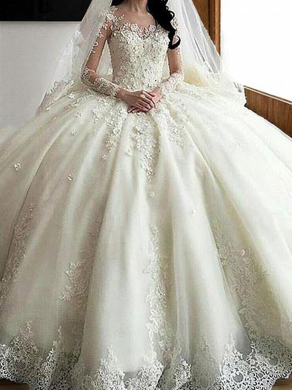Ball-Gown Scoop Long Sleeves Appliques Lace Cathedral Train Tulle Wedding Dress
