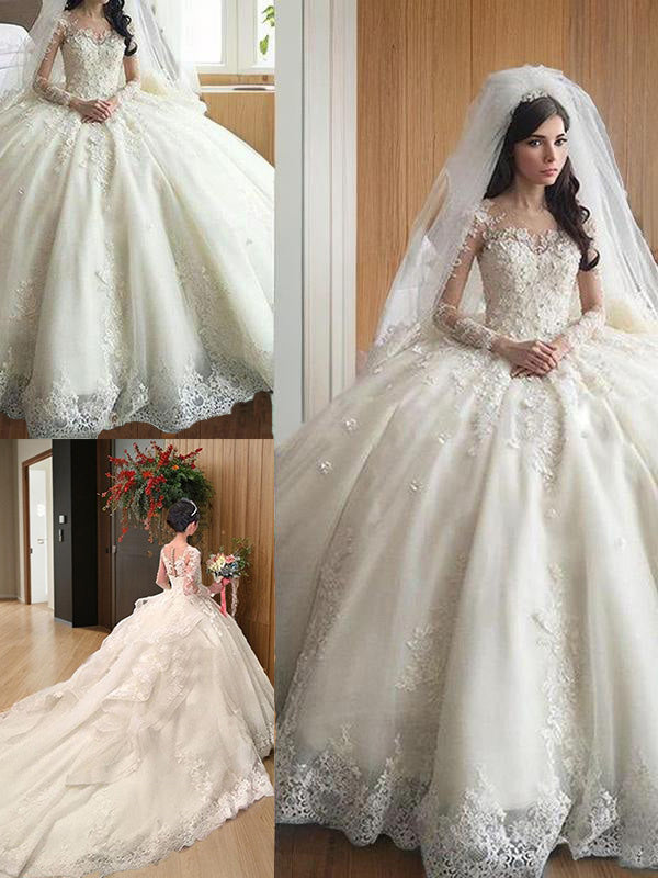 Ball-Gown Scoop Long Sleeves Appliques Lace Cathedral Train Tulle Wedding Dress