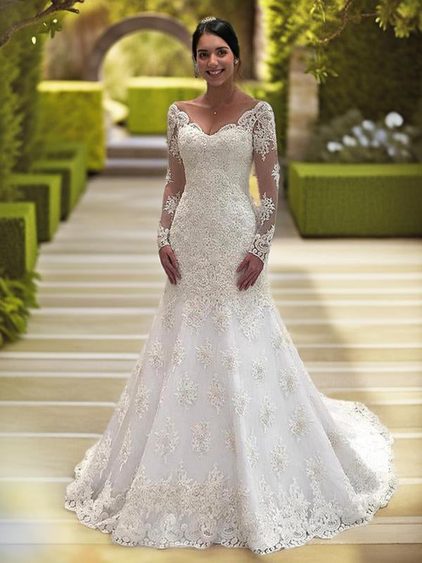 Mermaid V-neck Long Sleeves Applique Court Train Lace Wedding Dress
