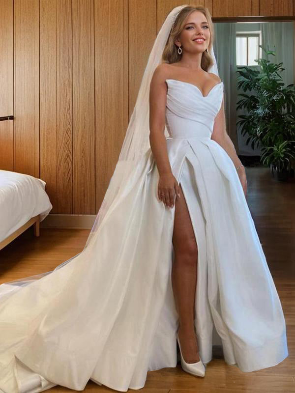 A-line Sweetheart Ruffles Court Train Satin Wedding Dress