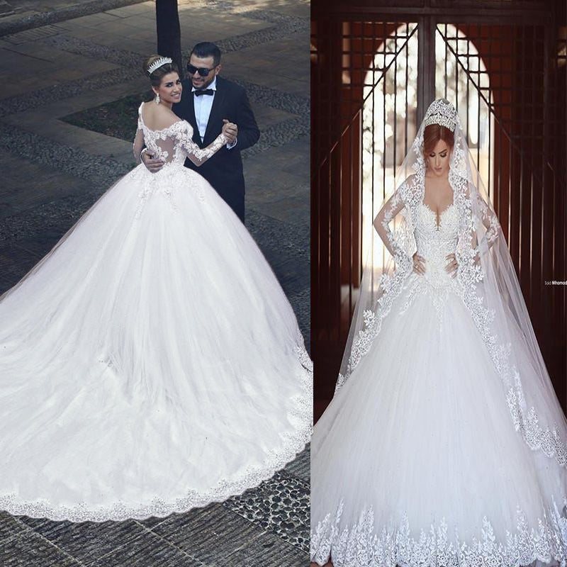 Ball-Gown Off-the-Shoulder Long Sleeves Appliques Lace Chapel Train Tulle Wedding Dress