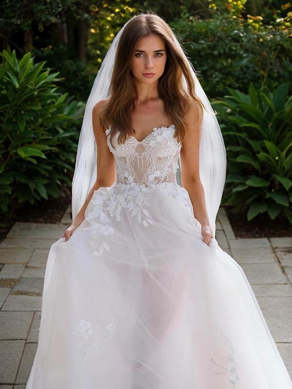 A-line Sweetheart Appliques Lace Sweep Train Tulle Wedding Dress