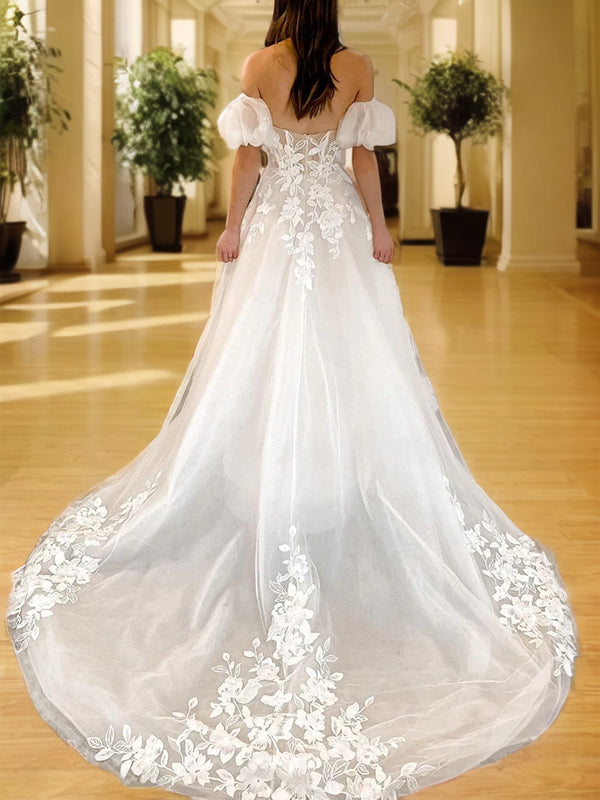 A-line Off-the-Shoulder Short Sleeves Appliques Lace Chapel Train Tulle Wedding Dress