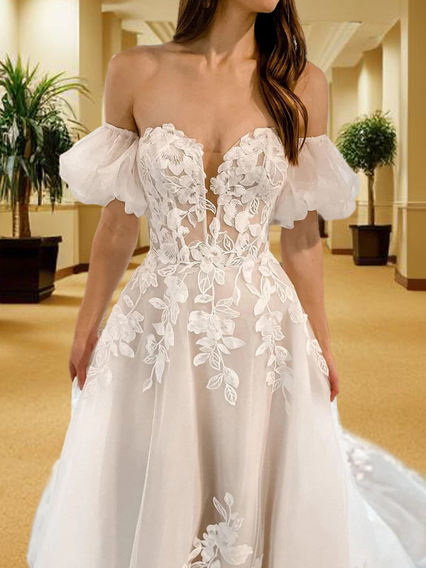 A-line Off-the-Shoulder Short Sleeves Appliques Lace Chapel Train Tulle Wedding Dress
