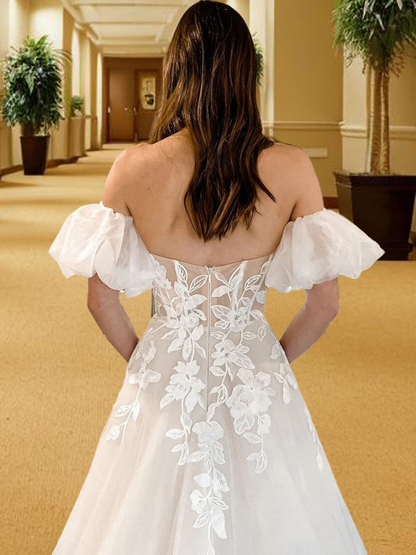 A-line Off-the-Shoulder Short Sleeves Appliques Lace Chapel Train Tulle Wedding Dress