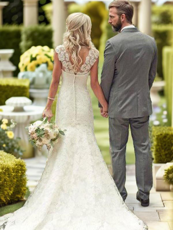 Mermaid V-neck Appliques Lace Sweep Train Lace Wedding Dress