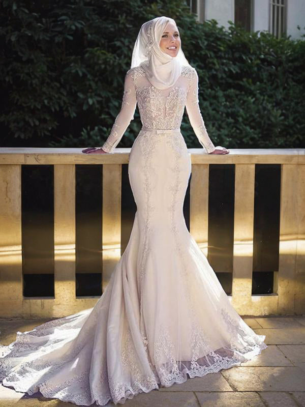 Mermaid Jewel Long Sleeves Appliques Lace Sweep Train Tulle Wedding Dress