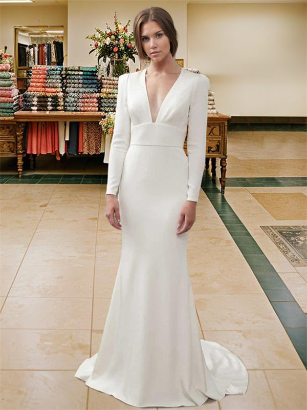 Sheath V-neck Long Sleeves Sweep Train Stretch Crepe Wedding Dress