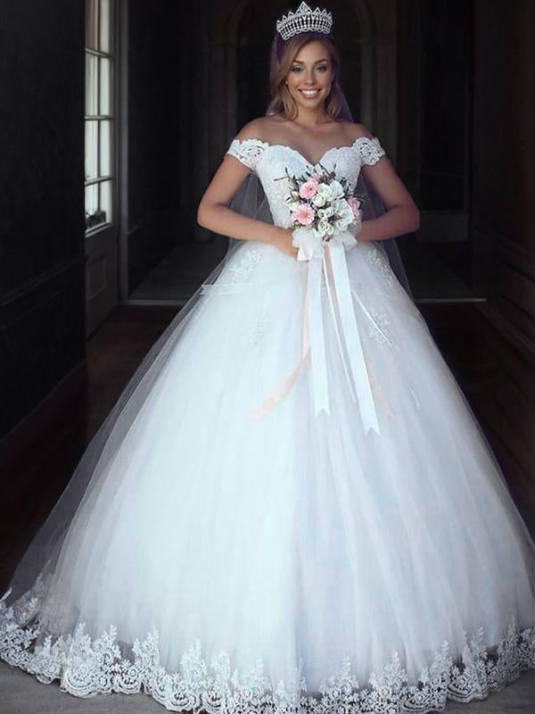 Ball-Gown Off-the-Shoulder Appliques Lace Floor-Length Tulle Wedding Dress