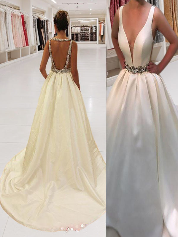 A-line V-neck Beading Court Train Satin Wedding Dress