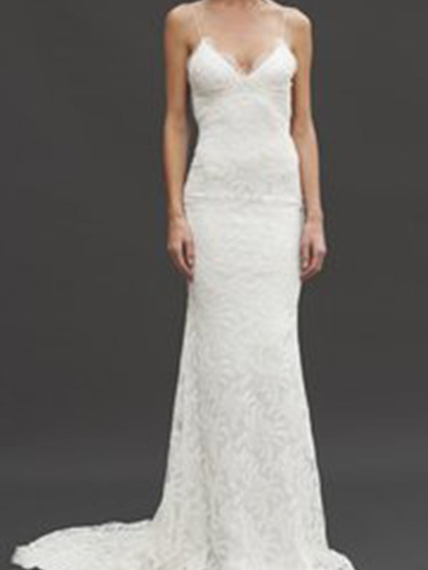 Sheath V-neck Appliques Lace Court Train Lace Wedding Dress