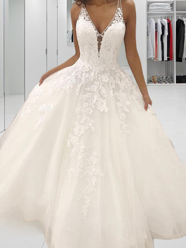 A-line V-neck Appliques Lace Sweep Train Tulle Wedding Dress