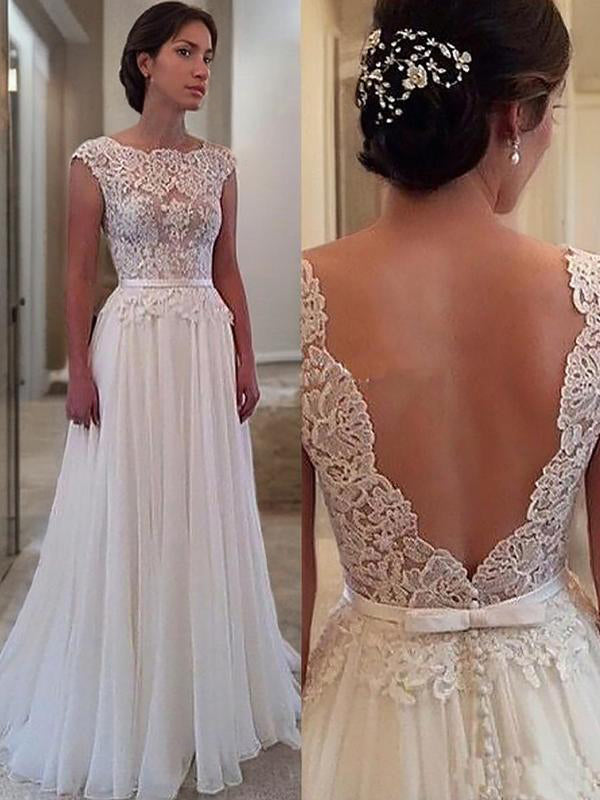 A-line Scoop Appliques Lace Sweep Train Chiffon Wedding Dress