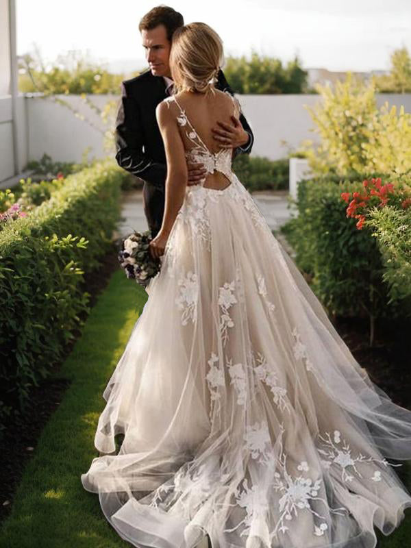 A-line Scoop Appliques Lace Sweep Train Lace Wedding Dress