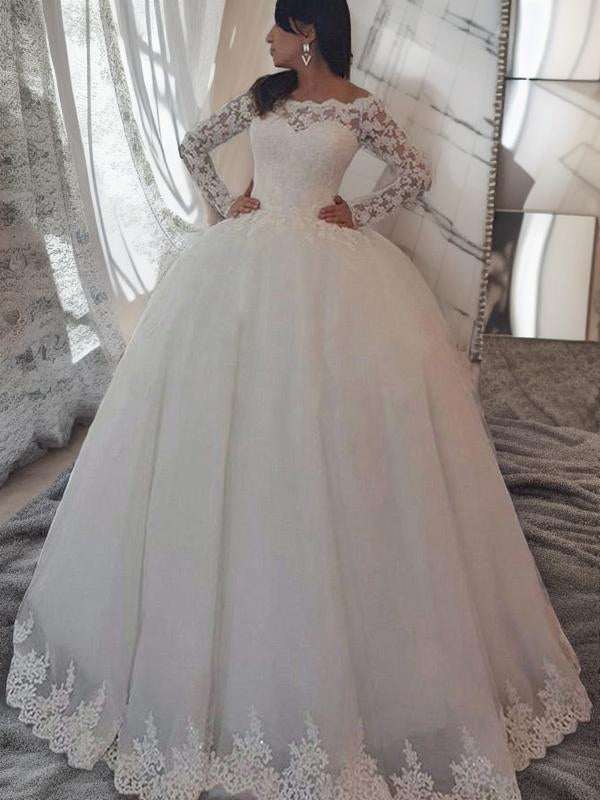 Ball-Gown Off-the-Shoulder Long Sleeves Appliques Lace Sweep Train Lace Wedding Dress