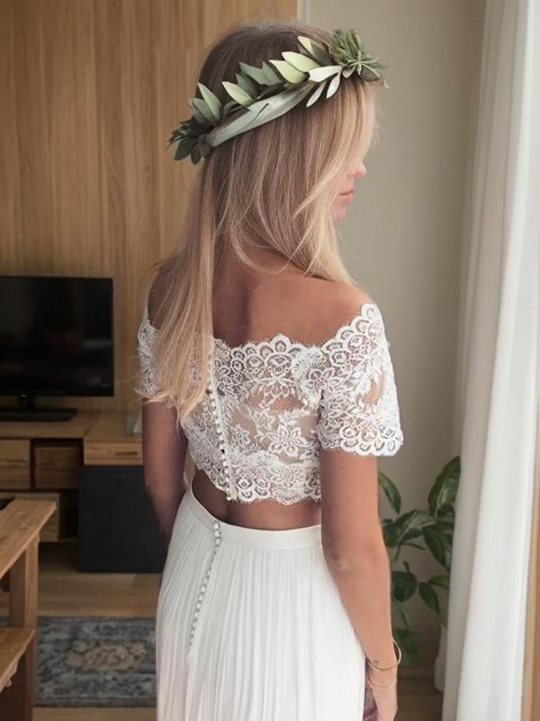 A-line Off-the-Shoulder 1/2 Sleeves Appliques Lace Floor-Length Tulle Wedding Dress