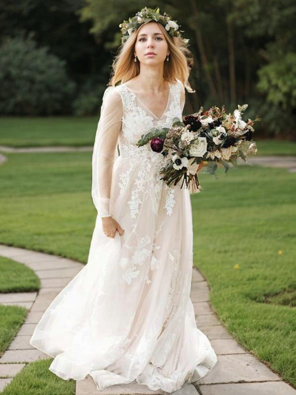 A-line V-neck Long Sleeves Appliques Lace Sweep Train Tulle Wedding Dress