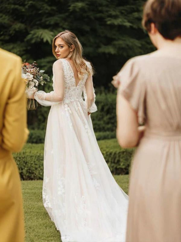 A-line V-neck Long Sleeves Appliques Lace Sweep Train Tulle Wedding Dress
