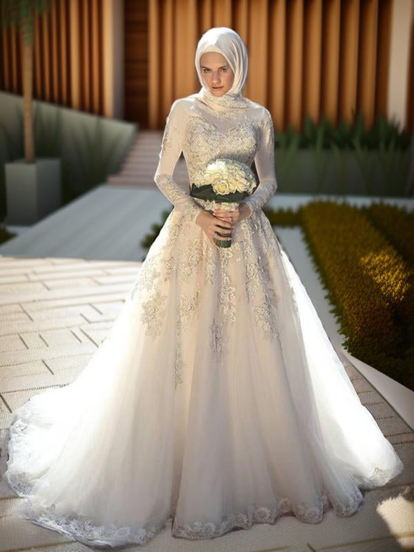 Ball-Gown Jewel Long Sleeves Appliques Lace Sweep Train Tulle Wedding Dress