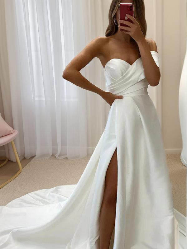 A-line Sweetheart Ruched Court Train Satin Wedding Dress
