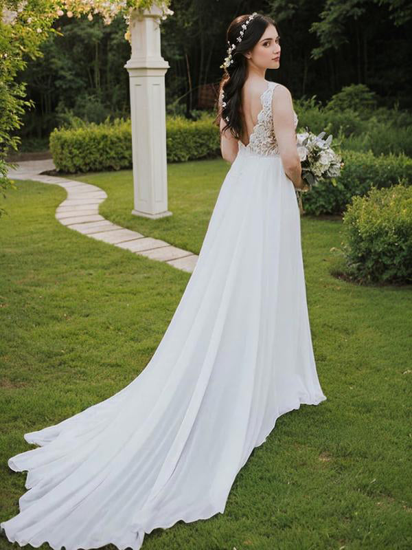 A-line V-neck Appliques Lace Chapel Train Chiffon Wedding Dress