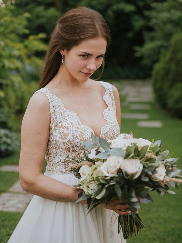 A-line V-neck Appliques Lace Chapel Train Chiffon Wedding Dress