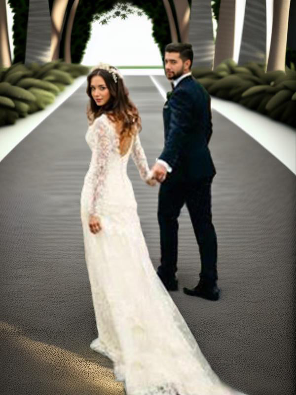 Sheath V-neck Long Sleeves Appliques Lace Court Train Lace Wedding Dress