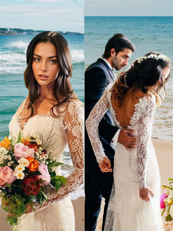 Sheath V-neck Long Sleeves Appliques Lace Court Train Lace Wedding Dress